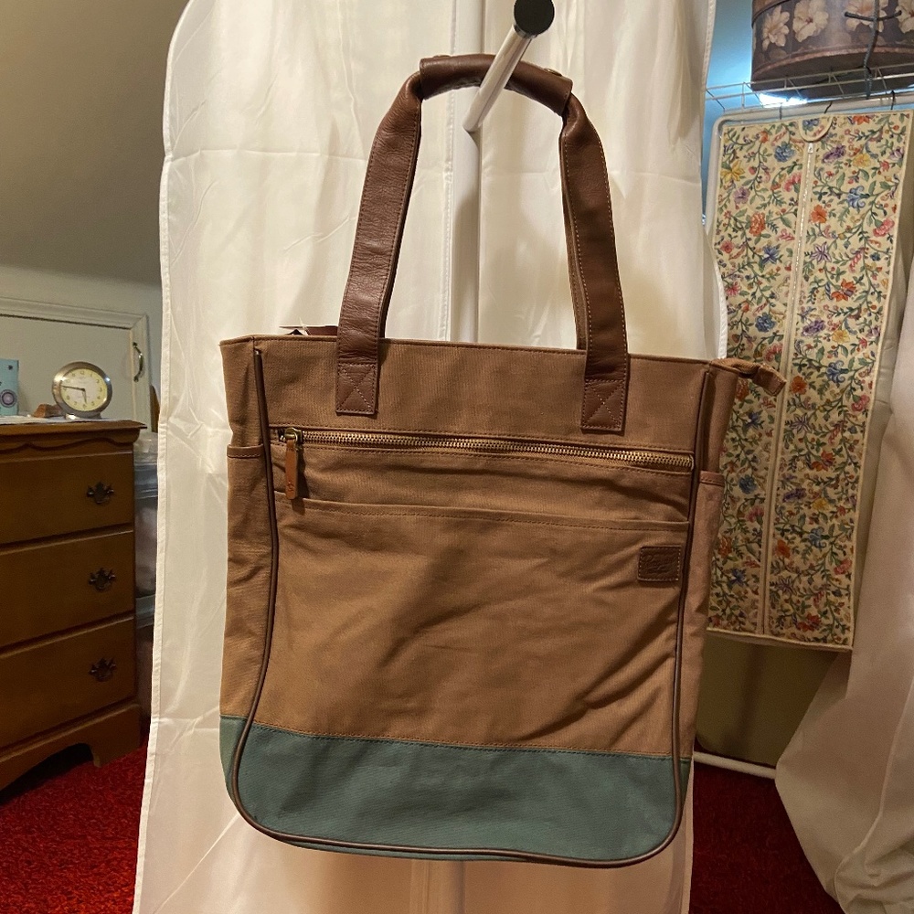 Unused Vintage Dark Khaki Canvas, Wool, Leather Laptop Tote Bag; 15”x17”x3”; NWT